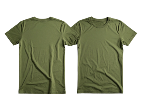 Two olive green t-shirts, front and back