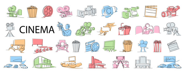 Cinema one line colored set on white background. Minimalist outline of retro and modern cinema equipment in linear style