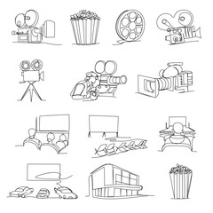 Cinema one line set on white background. Minimalist outline of retro and modern cinema equipment in linear style
