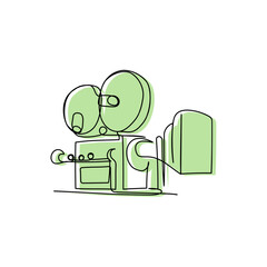 Linear abstract outline of a vintage film camera with dual reels, minimalist green vector illustration of classic movie equipment