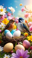 Two birds sit amidst a nest filled with colorful Easter eggs, surrounded by a vibrant array of flowers. Springtime scene with a sunny sky