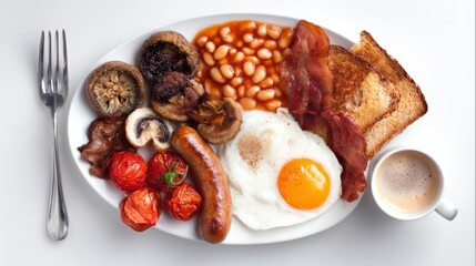 Full English Breakfast with Coffee, Overhead Shot