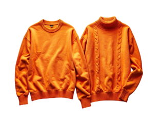 Two orange sweaters, one crew neck, one turtleneck