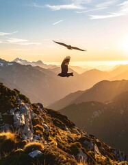 Two birds soaring above a mountain range at sunset