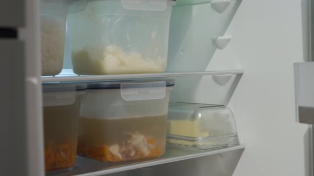 interior of a refrigerator, with shelves holding various food containers. On the top shelf, translucent containers hold white and mashed food items.