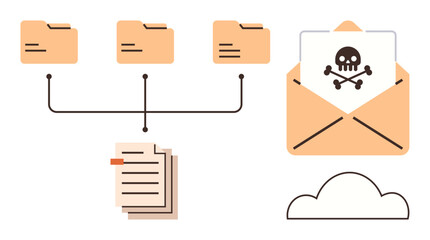 Envelopes with a skull signifying malware, connected folders, cloud storage, and documents outline cyber threats. Ideal for cybersecurity, data theft, malware awareness, digital risks, IT security