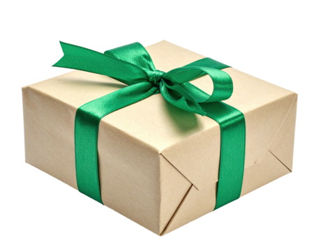 A wrapped gift box with a green ribbon