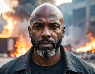 Portrait of a serious man standing outdoors with fire and smoke in the background