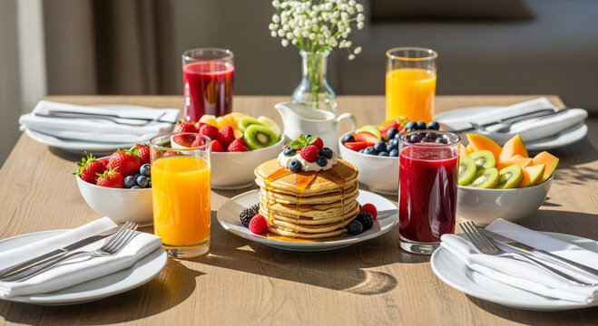 Indulge in a delicious pancake breakfast with fresh fruit and juice, perfect for a vibrant start to your day or a delightful weekend brunch