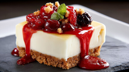 Cheesecake slice topped with mixed berries and red fruit sauce