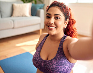 Happy woman exercising at home