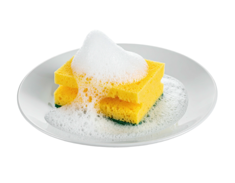Dishwashing sponge on plate with suds