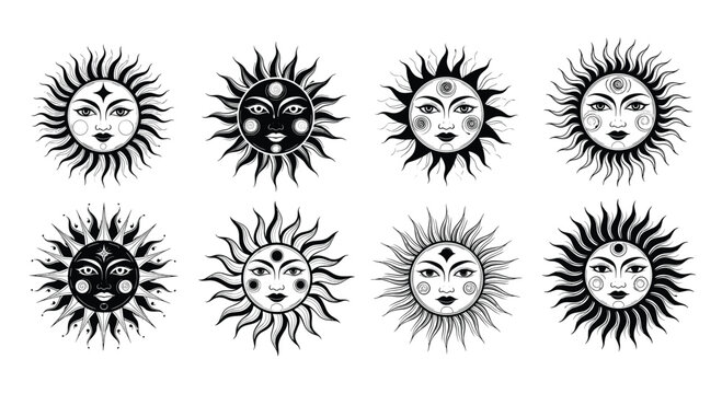 A collection of eight celestial sun face illustrations with intricate details.
