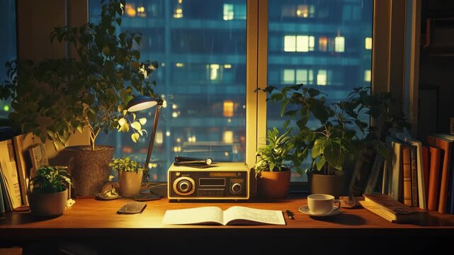 The cozy nighttime workspace has urban office with plants and soft radio music, fostering a tranquil atmosphere perfect for productivity and relaxation, enhancing creativity while prioritizing comfort