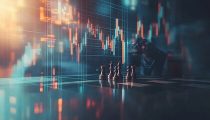 Strategic market analysis: chess pieces on a digital board represent a financial battle