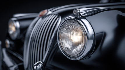 Elegant black classic vintage car headlight and chrome grille detail. nostalgic close up of luxury automobile from past, showcasing its timeless, sophisticated design