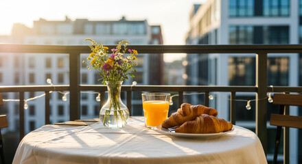 Enjoy a bright morning with fresh croissants and juice on a charming city balcony, perfect for inspiring travel blogs or lifestyle promotions