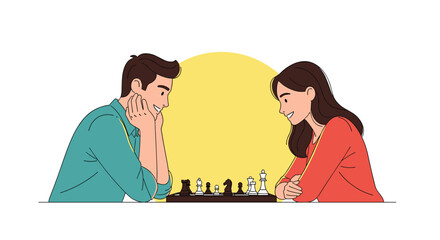 Fototapeta premium A couple playing chess in front of a yellow sun.