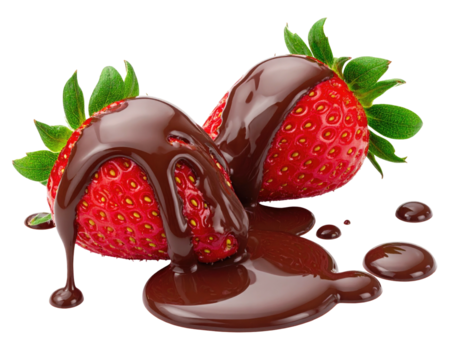 Two strawberries coated in melted chocolate