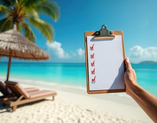 Person holds clipboard with checklist on tropical beach. Planner checks off tasks for holiday trip. Ocean waves and palm tree backdrop. Clear blue sky.