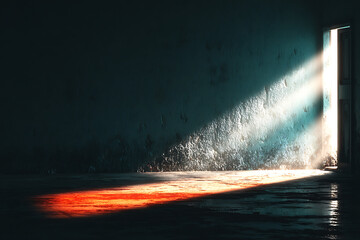 Fototapeta premium Sunlight streaming through a partially open door illuminating a dark and textured room interior