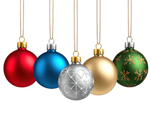 Four colorful Christmas ornaments hanging on strings