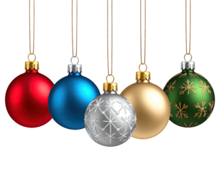 Four colorful Christmas ornaments hanging on strings