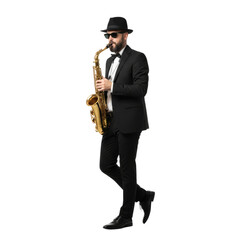 Elegant saxophonist in classic attire performing soulful melody, on an isolated transparent stage