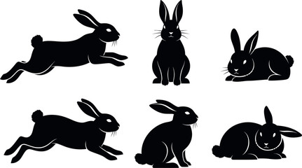 Obraz premium Six Black Rabbit Silhouettes in Various Poses bunny