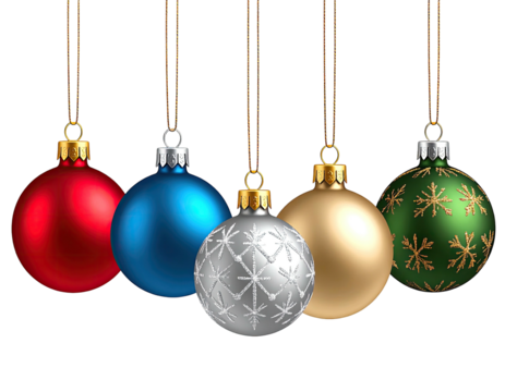 Four colorful Christmas ornaments hanging on strings