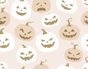 Vector seamless pattern of jack-o’-lantern faces with funny and scary expressions.Perfect for festive packaging, textiles, wrapping paper, and seasonal graphic design projects.