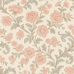 Toile de jouy vector seamless vintage pattern soft pastel color palette