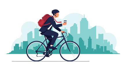 Fototapeta premium A businessman cycles through a city with a coffee.