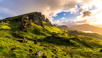 Dramatic mountain vista at golden hour. Lush green hills cascade down towards a rugged, dark cliff face, with a tranquil lake reflecting the setting sun.  Clouds gather in the sky