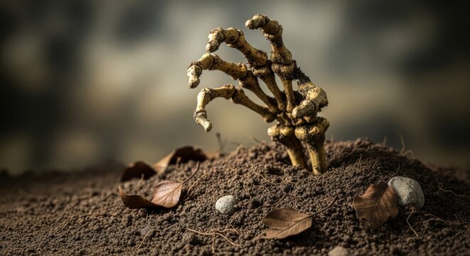 Creepy Skeleton Hand Emerging From The Earth During Halloween Season
