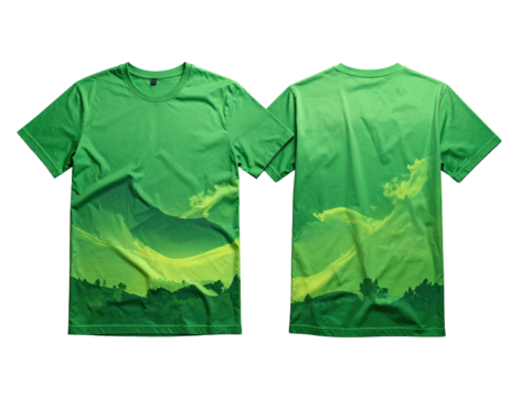 Two-sided green t-shirt with landscape graphic