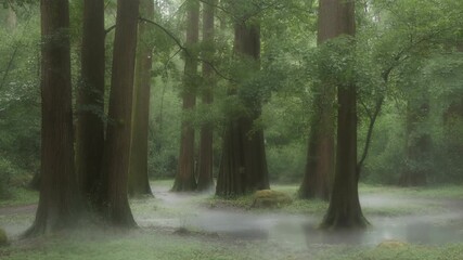 A static wide shot of a dense forest clearing. Water drips slowly from leaves, small puddles reflect the pale daylight, and mist lingers near the ground. - Powered by Adobe