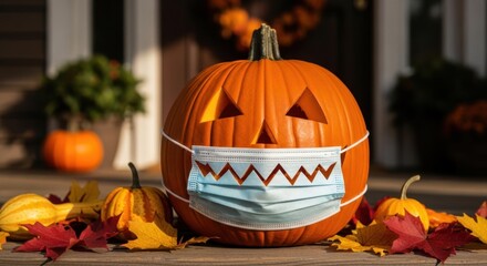 Spooky Jack O Lantern Wearing Face Mask Celebrating Halloween Safely