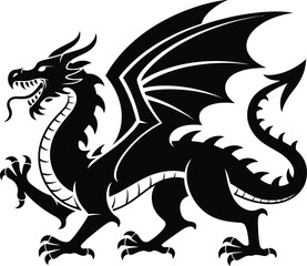 Detailed black dragon graphic with wings spread perfect for designs on transparent background silhouette