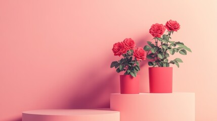 Red roses in pots on pink podium, minimalist background, Valentine's Day card