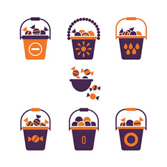 Assortment of six halloween candy buckets and a bowl, filled with colorful candies and decorated with festive motifs, isolated on white isolated on transparent background