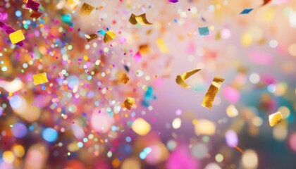 Colorful confetti falling against a blurred background