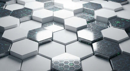 Futuristic abstract composed interlocking hexagonal tiles in and dark metallic shades with glowing green accents