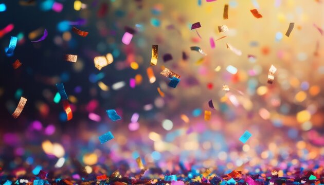 Colorful confetti falling on a dark background