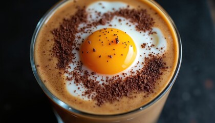 Delicious coffee drink with egg and chocolate sprinkles. Unique breakfast food combination. Close-up of coffee with egg yolk and chocolate. Modern culinary dessert. Rich and creamy beverage.