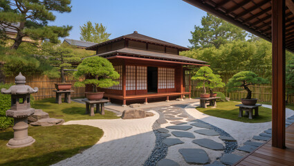Obraz premium Traditional tea house in a Japanese garden with bonsai trees, zen mood.