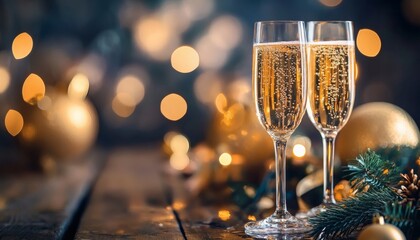 Two glasses of sparkling champagne sit on a rustic wooden table with christmas decorations and warm bokeh lights
