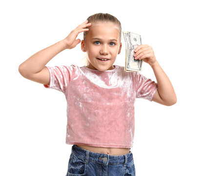 Fototapeta Little girl with pocket money on white background