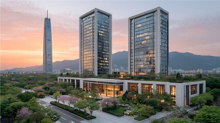 Obraz premium Modern buildings stand tall amidst lush greenery, bathed in the warm glow of the setting sun.