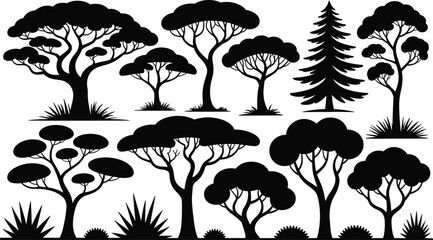 Collection of black and white tree silhouettes in various shapes and sizes, forest nature illustration for design and decoration